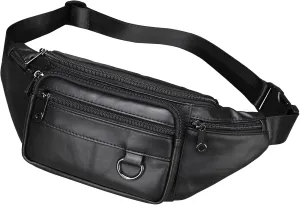 Genuine Leather Fanny Pack Well Made Durable Leather Waist Bag with Lots of Zipper Pockets Black