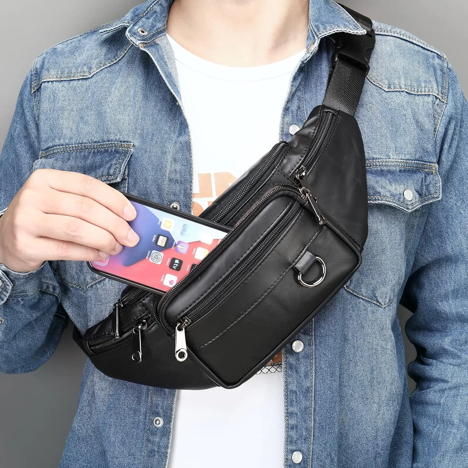 Genuine Leather Fanny Pack Well Made Durable Leather Waist Bag with Lots of Zipper Pockets Black