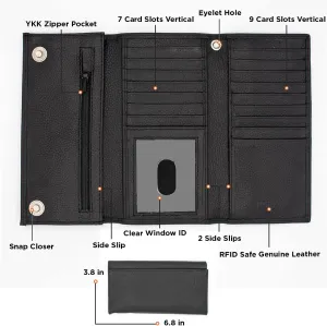 Genuine Leather Long Wallet for Men, Trifold & Checkbook, RFID Blocking, Multiple Card Slots, Zipper Coin Pocket - Design in U.S.A J212B-HO Black
