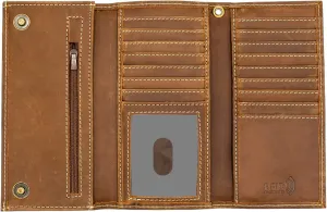 Genuine Leather Long Wallet for Men, Trifold & Checkbook, RFID Blocking, Multiple Card Slots, Zipper Coin Pocket - Design in U.S.A - Side Slip Bills Slots (J212B, Rustic Brown)