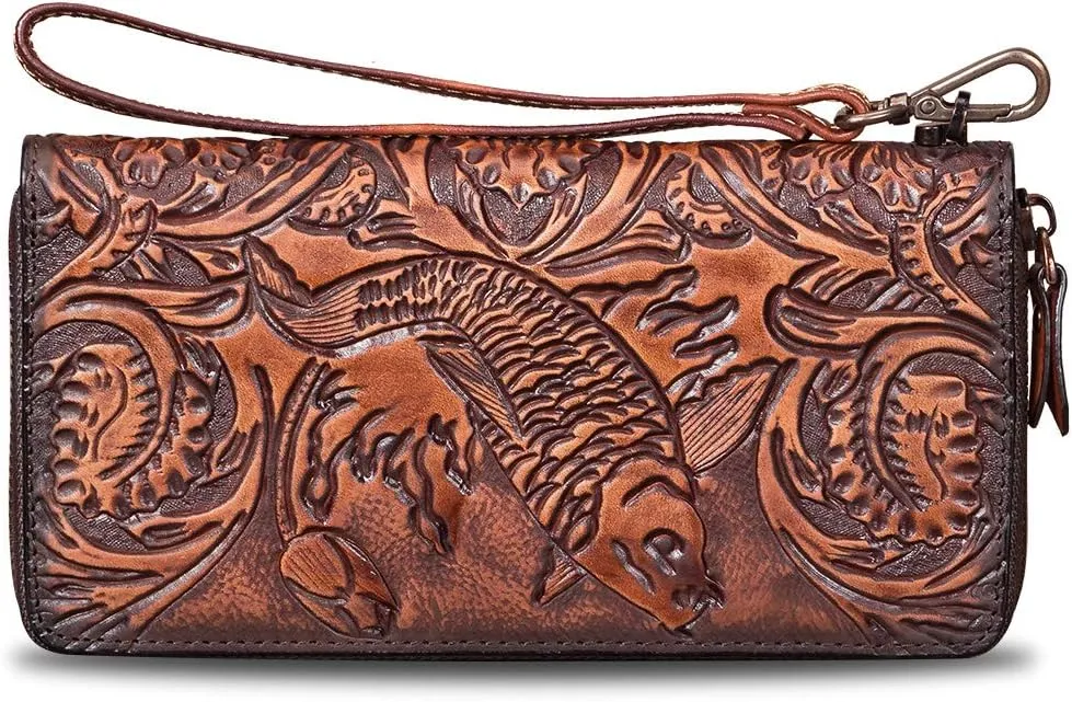 Genuine Leather Wallet Women's Zip Around Wristlet Long Purse Vintage Embossing Cowhide Capacity Handmade Clutch (Coffee)
