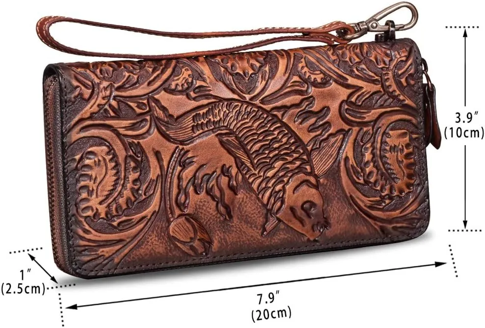 Genuine Leather Wallet Women's Zip Around Wristlet Long Purse Vintage Embossing Cowhide Capacity Handmade Clutch (Coffee)