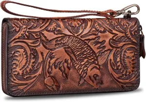 Genuine Leather Wallet Women's Zip Around Wristlet Long Purse Vintage Embossing Cowhide Capacity Handmade Clutch (Coffee)