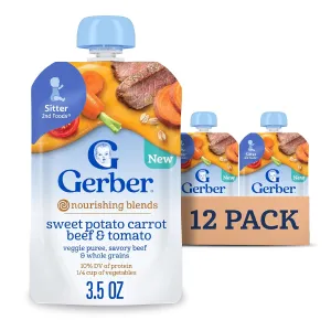 Gerber Stage 2 Baby Food, Baby Food Pouches, Sweet Potato Carrot Beef & Tomato, Nourishing Blends, No Artificial Flavors or Colors, 12-Pack