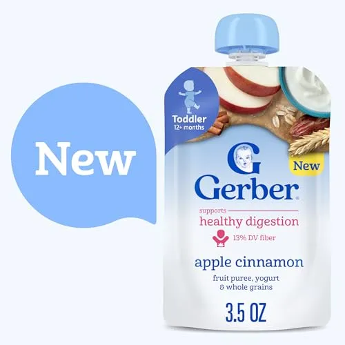 Gerber Toddler Food, Apple Cinnamon, Fruit Puree, Yogurt & Whole Grains, Toddler Food Pouches, Fiber Helps Support Healthy Digestion, No Artificial Flavors, 12-Pack