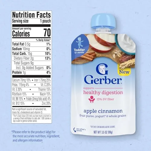 Gerber Toddler Food, Apple Cinnamon, Fruit Puree, Yogurt & Whole Grains, Toddler Food Pouches, Fiber Helps Support Healthy Digestion, No Artificial Flavors, 12-Pack