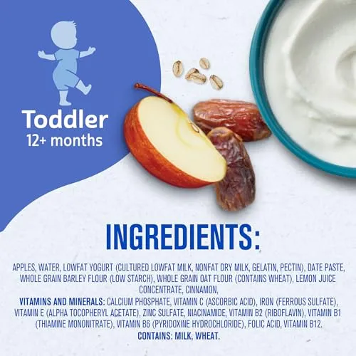 Gerber Toddler Food, Apple Cinnamon, Fruit Puree, Yogurt & Whole Grains, Toddler Food Pouches, Fiber Helps Support Healthy Digestion, No Artificial Flavors, 12-Pack
