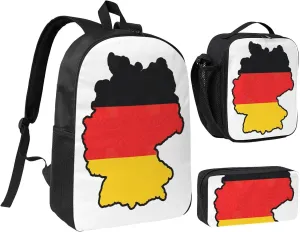 German Flag Map print Backpack Set Casual Shoulder Bag Lunch Bag Pen Pouch 3 in 1 Set 17inch for Women Men College