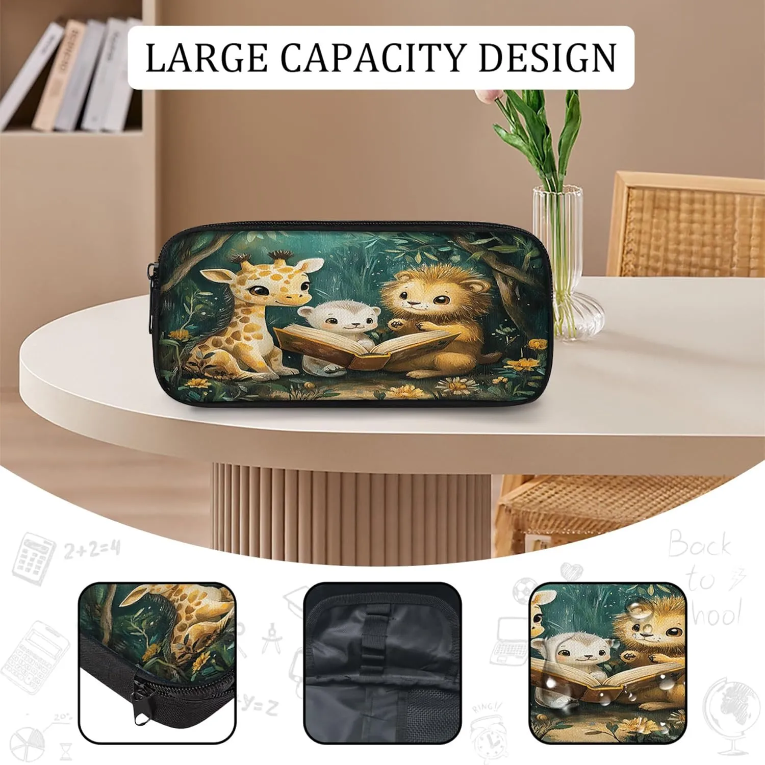 Giraffe Lion Backpack 3 PCS Set for Boys Girls, Animal Reading School Bag with Lunch Box Pencil Case, Large Capacity for Elementary Middle School