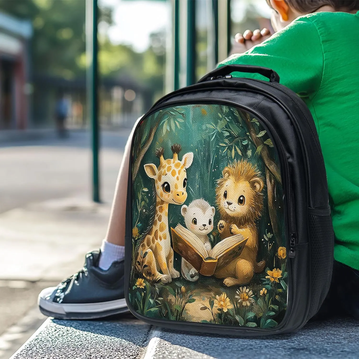 Giraffe Lion Backpack 3 PCS Set for Boys Girls, Animal Reading School Bag with Lunch Box Pencil Case, Large Capacity for Elementary Middle School