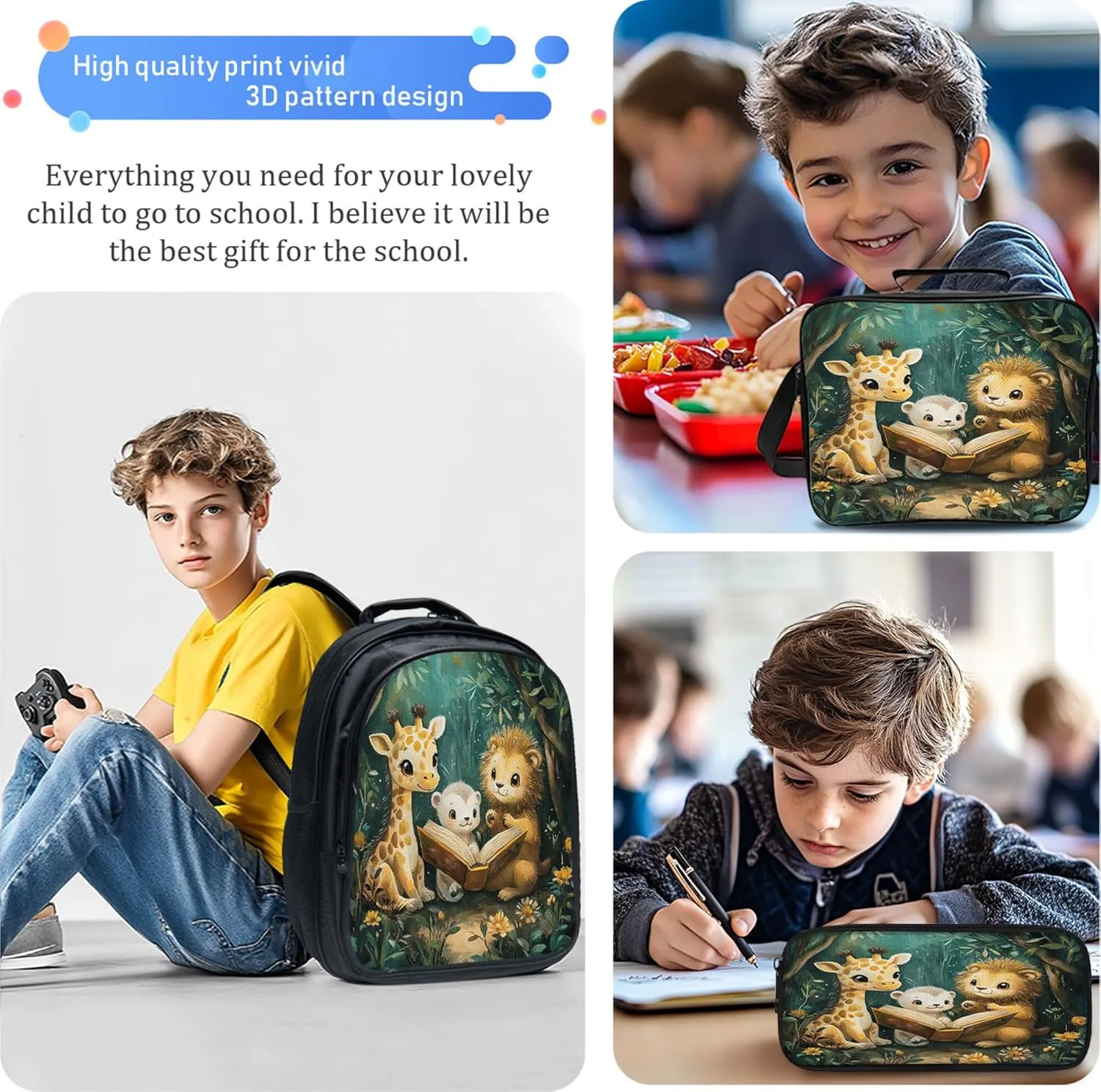 Giraffe Lion Backpack 3 PCS Set for Boys Girls, Animal Reading School Bag with Lunch Box Pencil Case, Large Capacity for Elementary Middle School