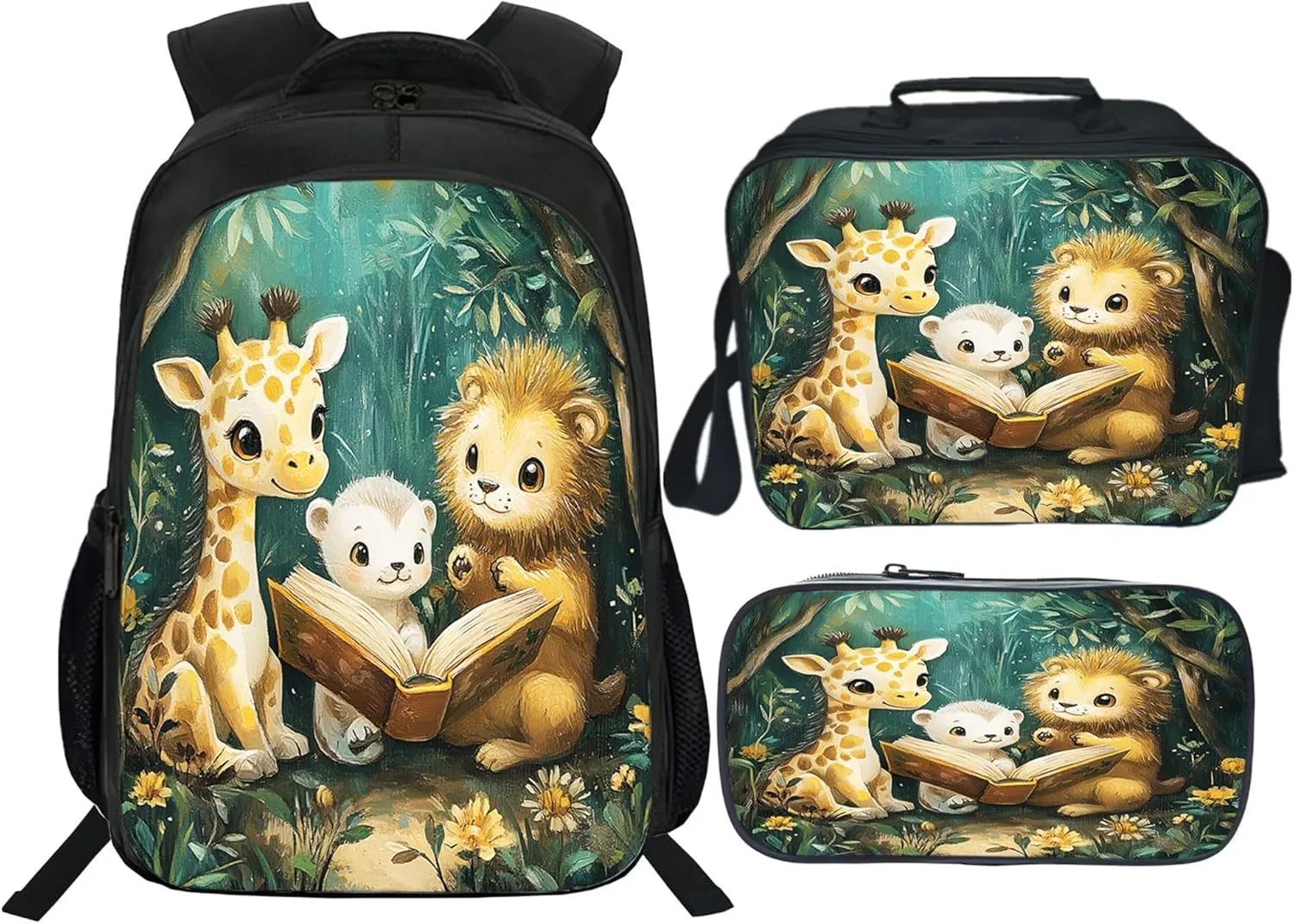 Giraffe Lion Backpack 3 PCS Set for Boys Girls, Animal Reading School Bag with Lunch Box Pencil Case, Large Capacity for Elementary Middle School