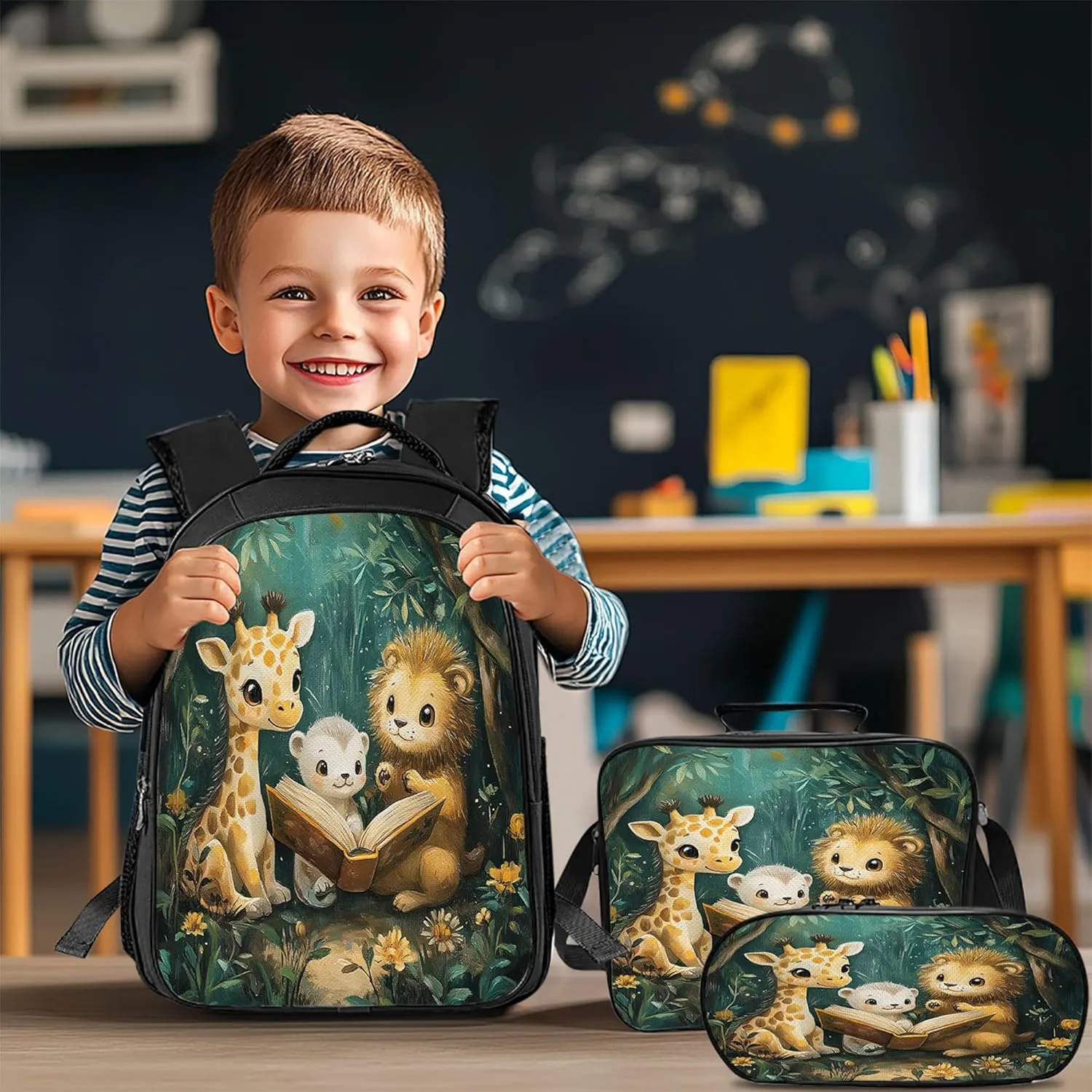 Giraffe Lion Backpack 3 PCS Set for Boys Girls, Animal Reading School Bag with Lunch Box Pencil Case, Large Capacity for Elementary Middle School