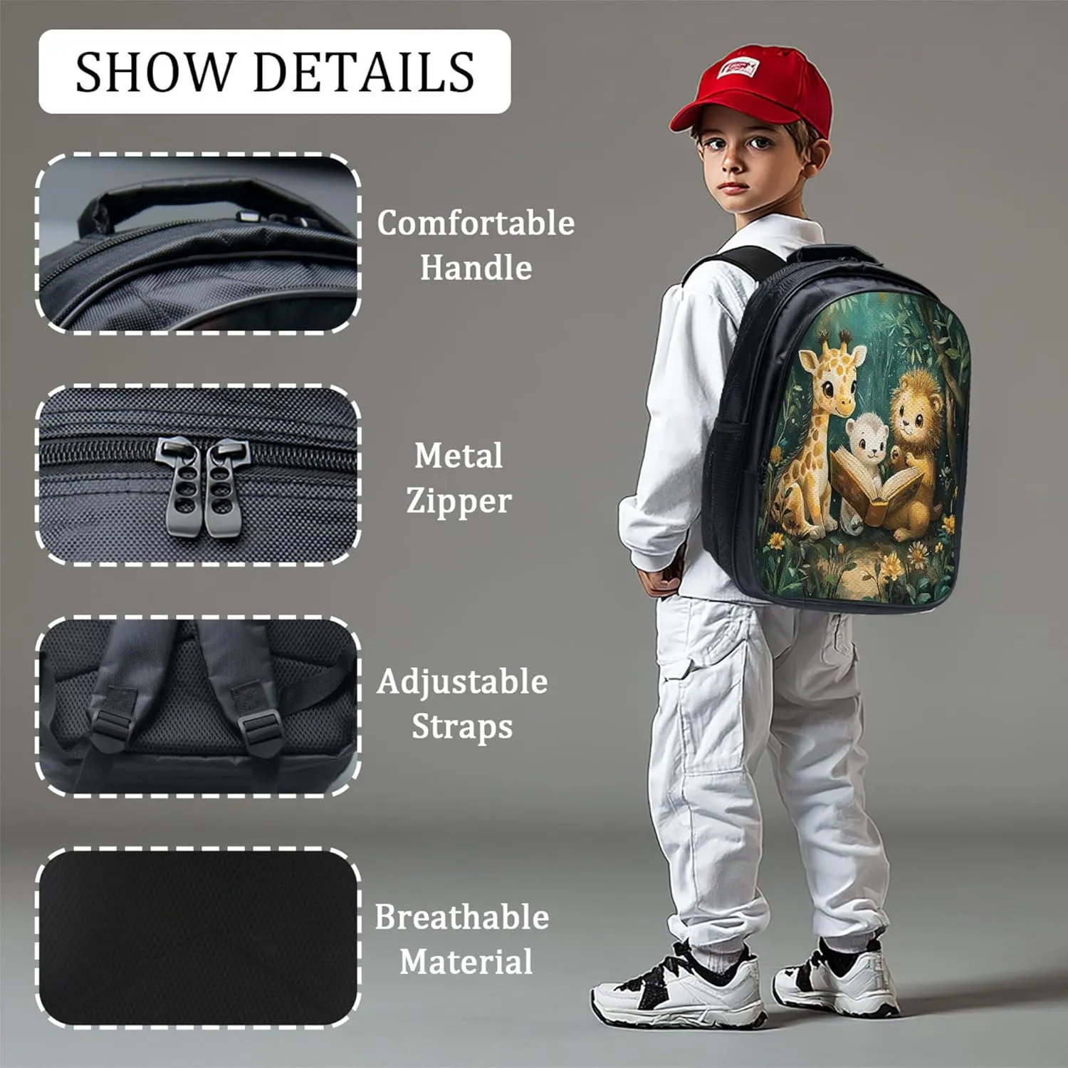 Giraffe Lion Backpack 3 PCS Set for Boys Girls, Animal Reading School Bag with Lunch Box Pencil Case, Large Capacity for Elementary Middle School