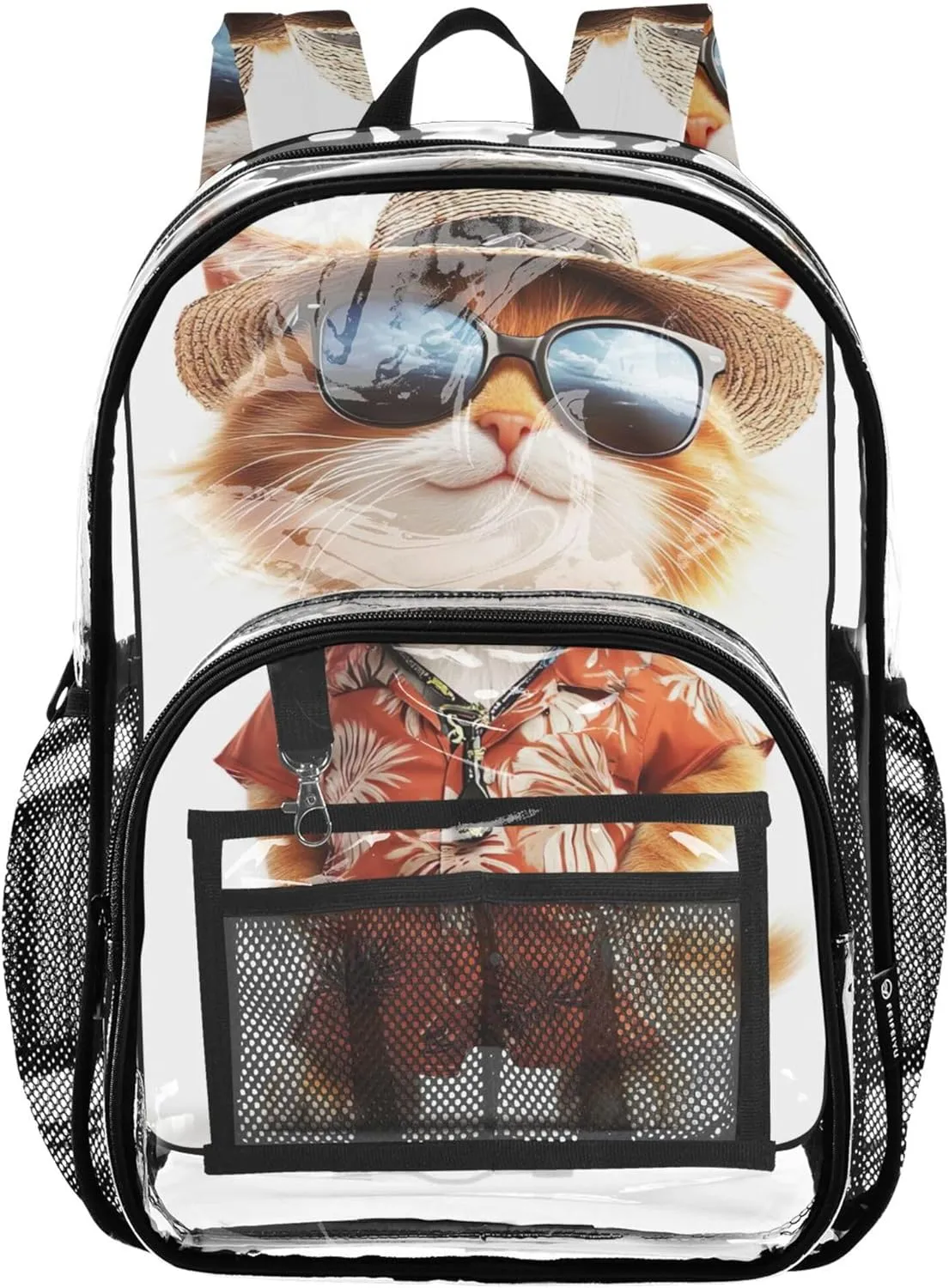 Girls Backpack for Kids Orange Cat Fashion Animal Clear Bag for Women Travel Plastic See through Bookbag