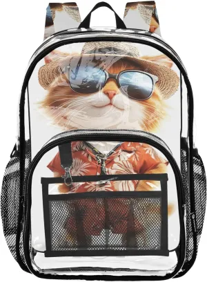 Girls Backpack for Kids Orange Cat Fashion Animal Clear Bag for Women Travel Plastic See through Bookbag