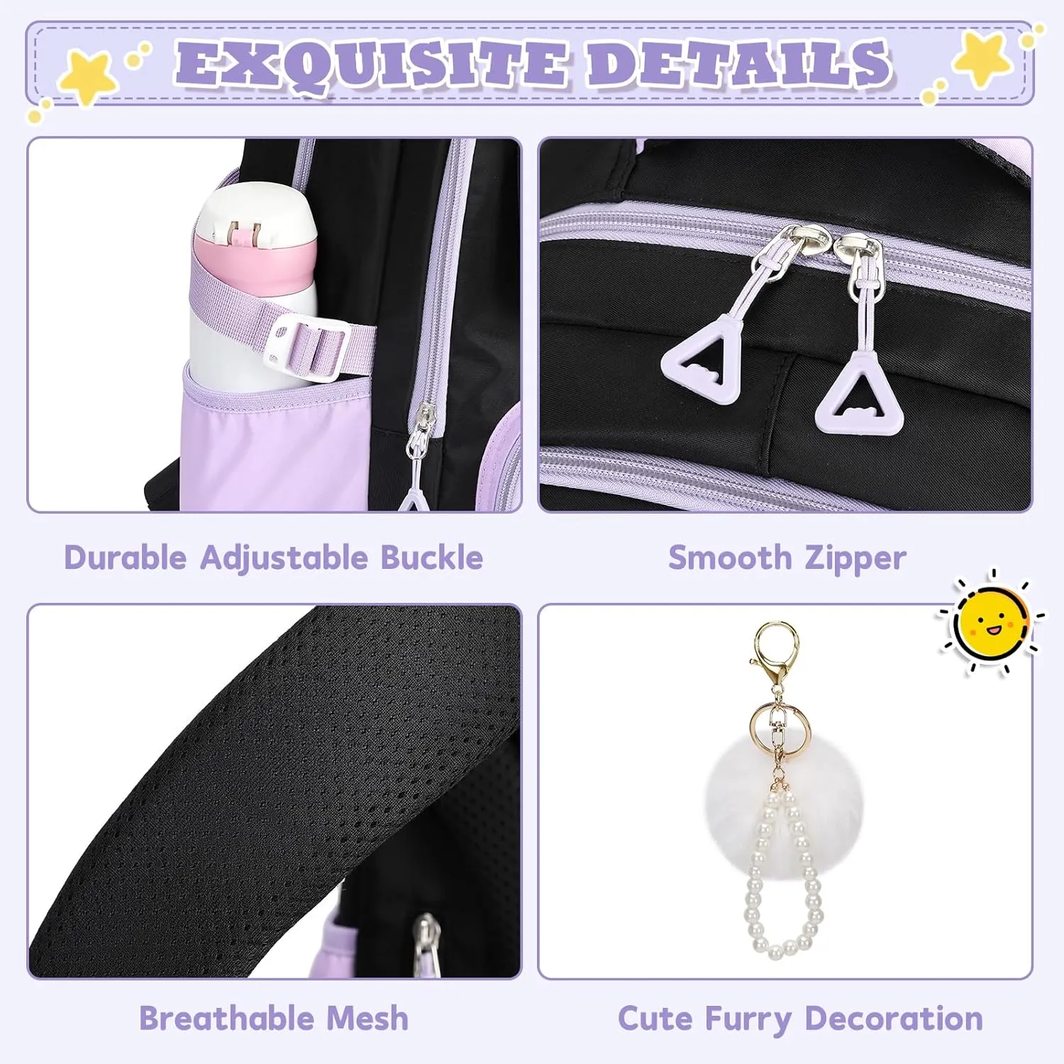 Girls Backpack Kindergarten Elementary Middle School Backpack, Large Capacity Kids Bookbag(BLACK&PURPLE)