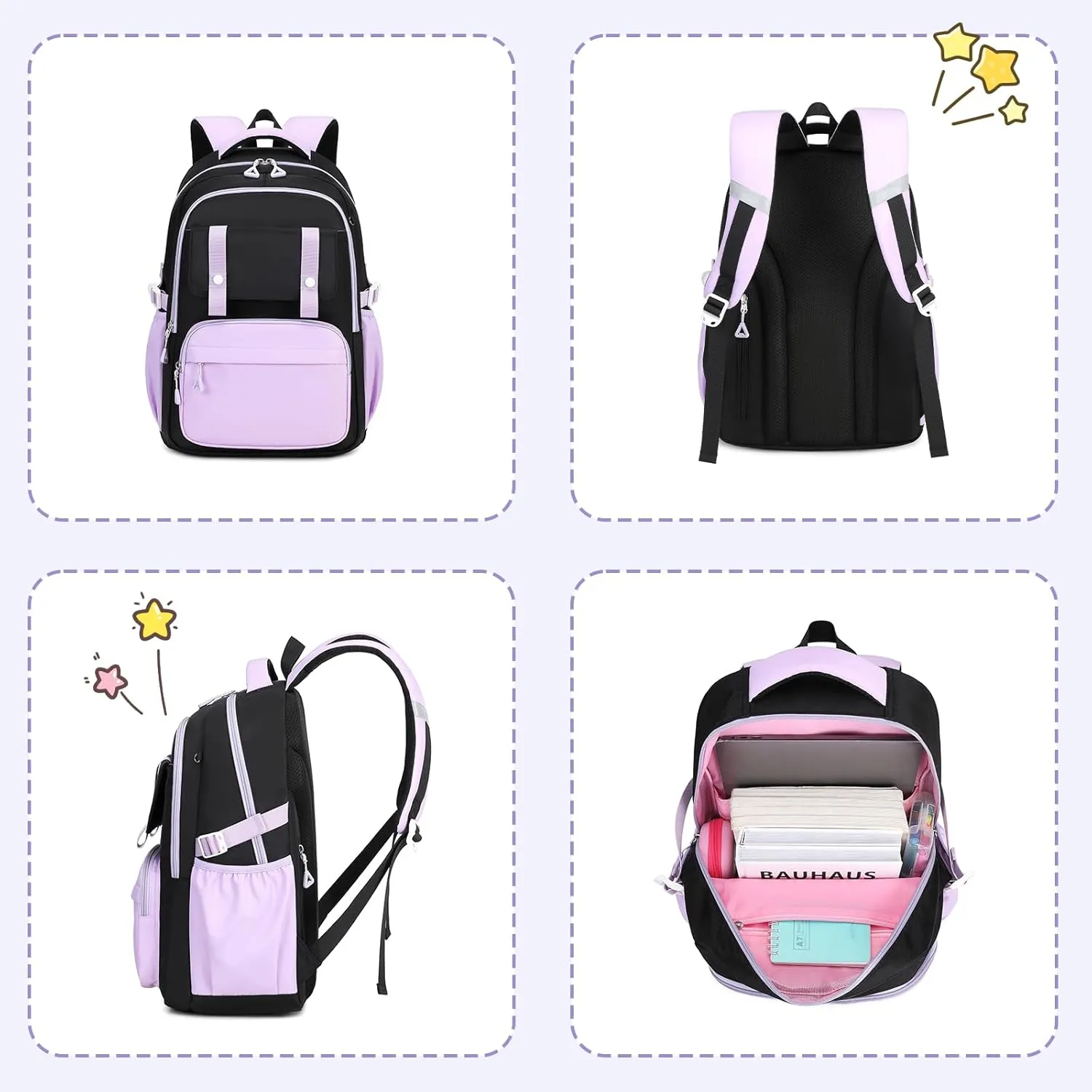Girls Backpack Kindergarten Elementary Middle School Backpack, Large Capacity Kids Bookbag(BLACK&PURPLE)