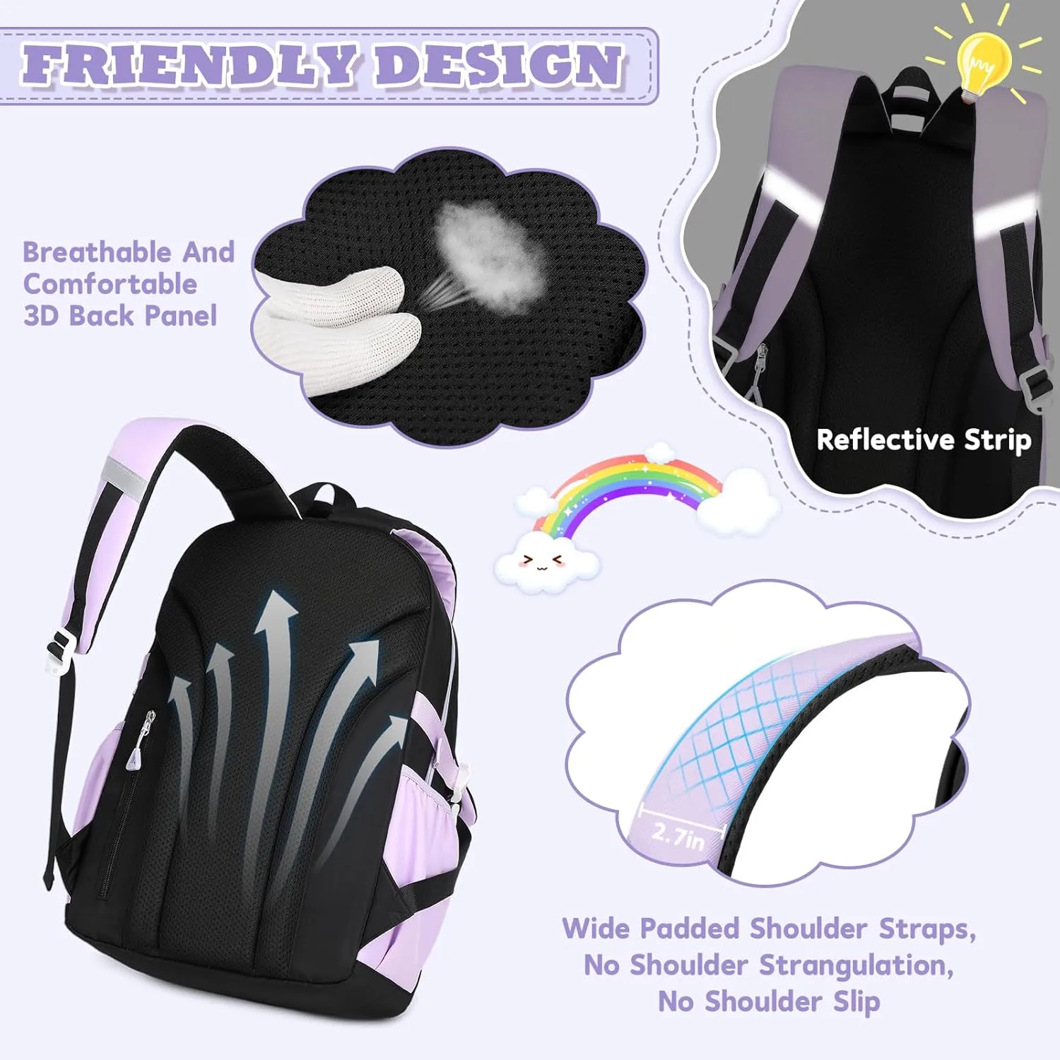 Girls Backpack Kindergarten Elementary Middle School Backpack, Large Capacity Kids Bookbag(BLACK&PURPLE)