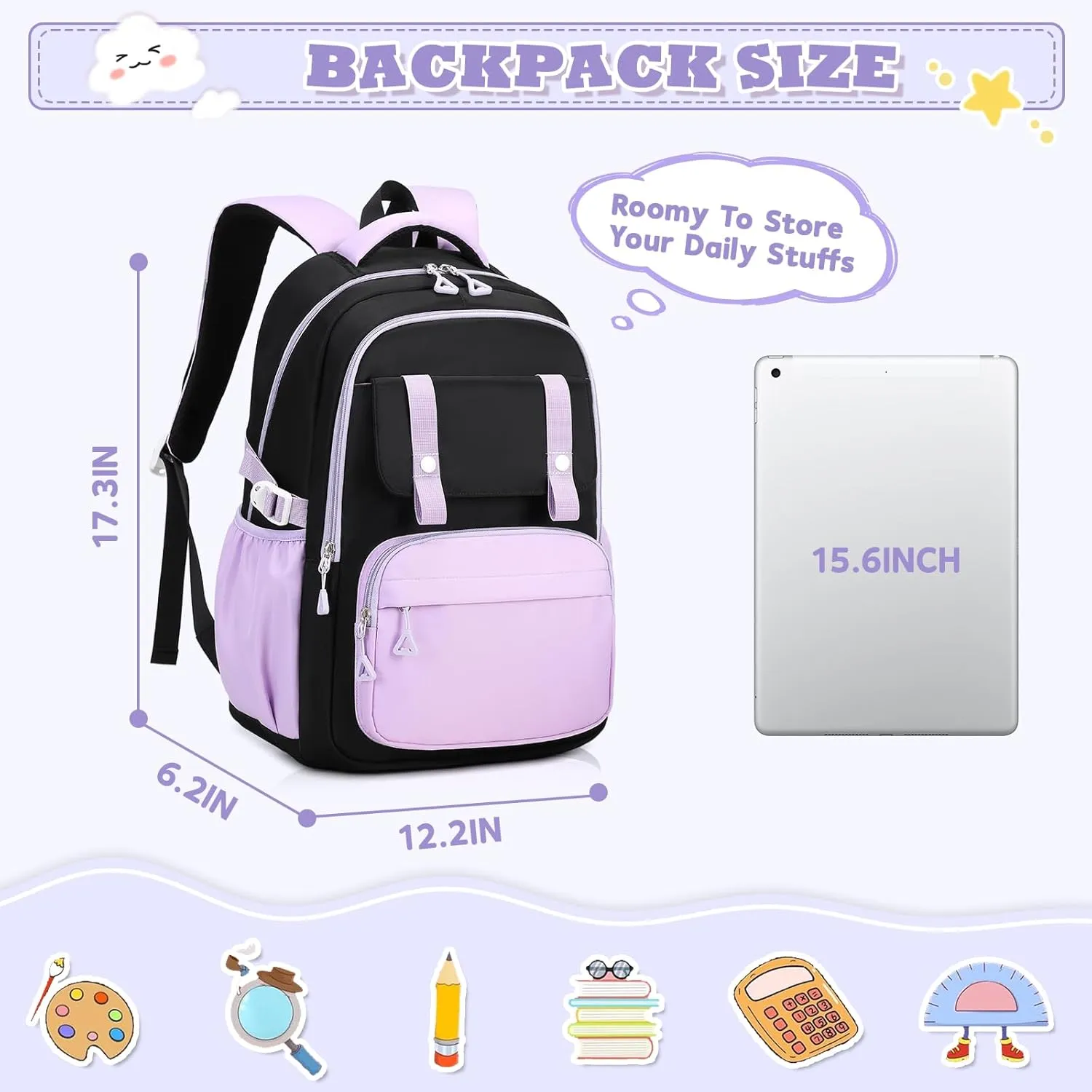 Girls Backpack Kindergarten Elementary Middle School Backpack, Large Capacity Kids Bookbag(BLACK&PURPLE)