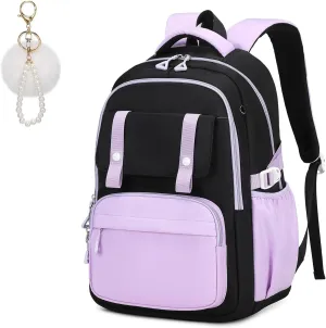 Girls Backpack Kindergarten Elementary Middle School Backpack, Large Capacity Kids Bookbag(BLACK&PURPLE)