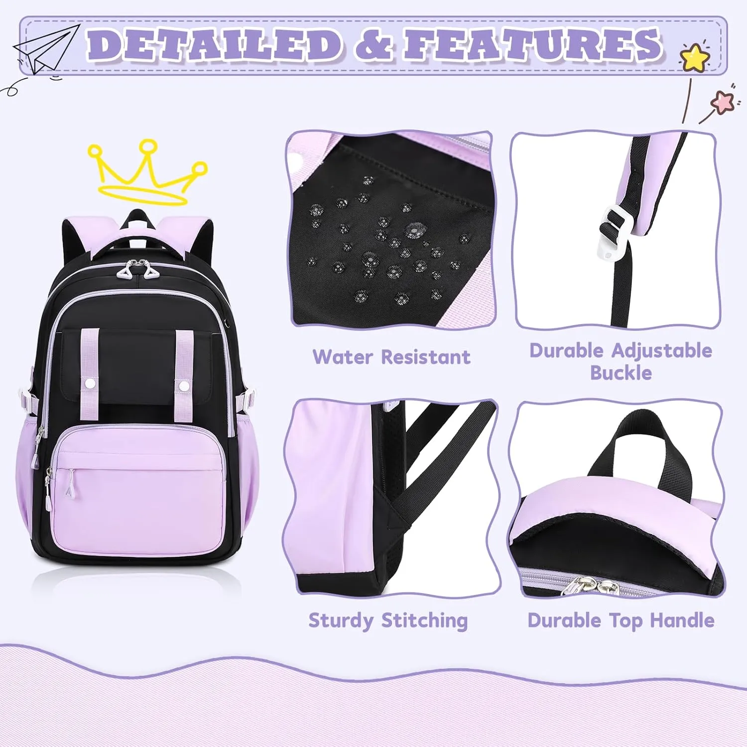 Girls Backpack Kindergarten Elementary Middle School Backpack, Large Capacity Kids Bookbag(BLACK&PURPLE)