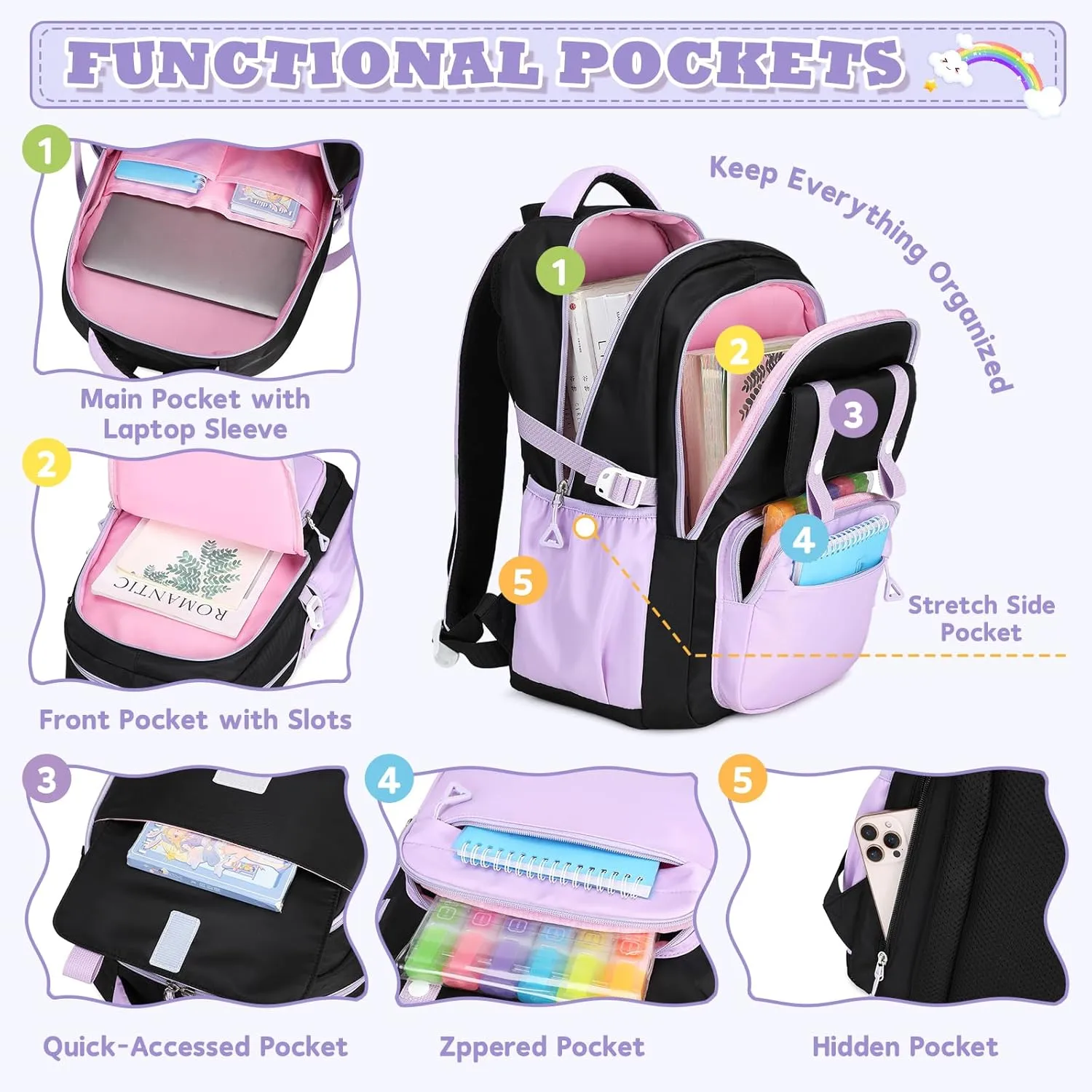 Girls Backpack Kindergarten Elementary Middle School Backpack, Large Capacity Kids Bookbag(BLACK&PURPLE)