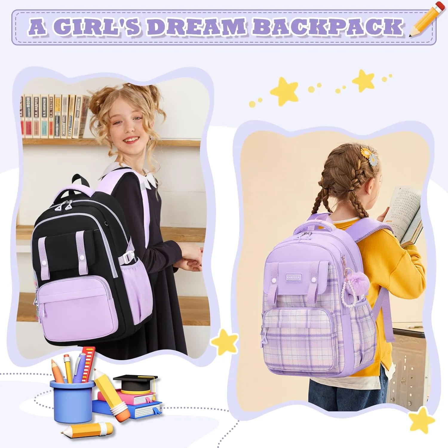 Girls Backpack Kindergarten Elementary Middle School Backpack, Large Capacity Kids Bookbag(BLACK&PURPLE)