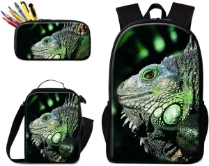 GiveMeBag Cool Lizard Print Backpack Shoulder Bookbag Sling Lunch Bag for Children Portable Cooler Bag Boys Bagpack Pencil Case Animal