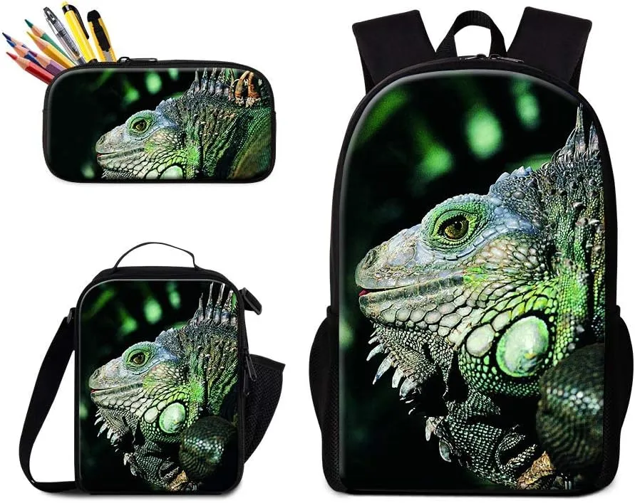 GiveMeBag Cool Lizard Print Backpack Shoulder Bookbag Sling Lunch Bag for Children Portable Cooler Bag Boys Bagpack Pencil Case Animal