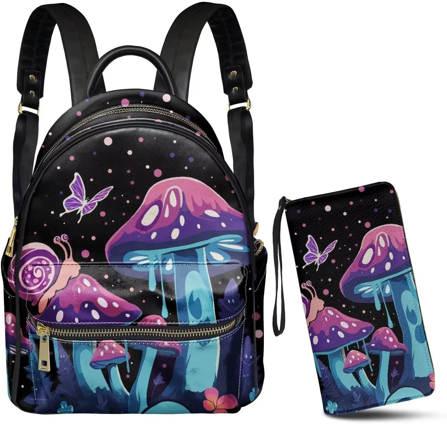 GLENLCWE 2Ps Purple Mushroom Snail Butterfly Women Backpack Purse Mini Leather Backpack Handbag Travel Work Daypack Wallet Zipper Clutch with Strap