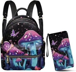 GLENLCWE 2Ps Purple Mushroom Snail Butterfly Women Backpack Purse Mini Leather Backpack Handbag Travel Work Daypack Wallet Zipper Clutch with Strap