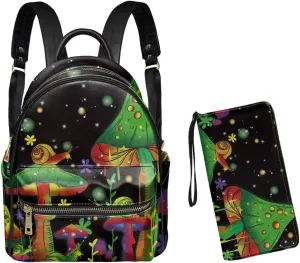 GLENLCWE Funny Mushrooms Snail Mini Backpack Purse and Leather Wallet for Women,Credit Card Holder Waterproof Multipurpose Backpack Shoulder Bag