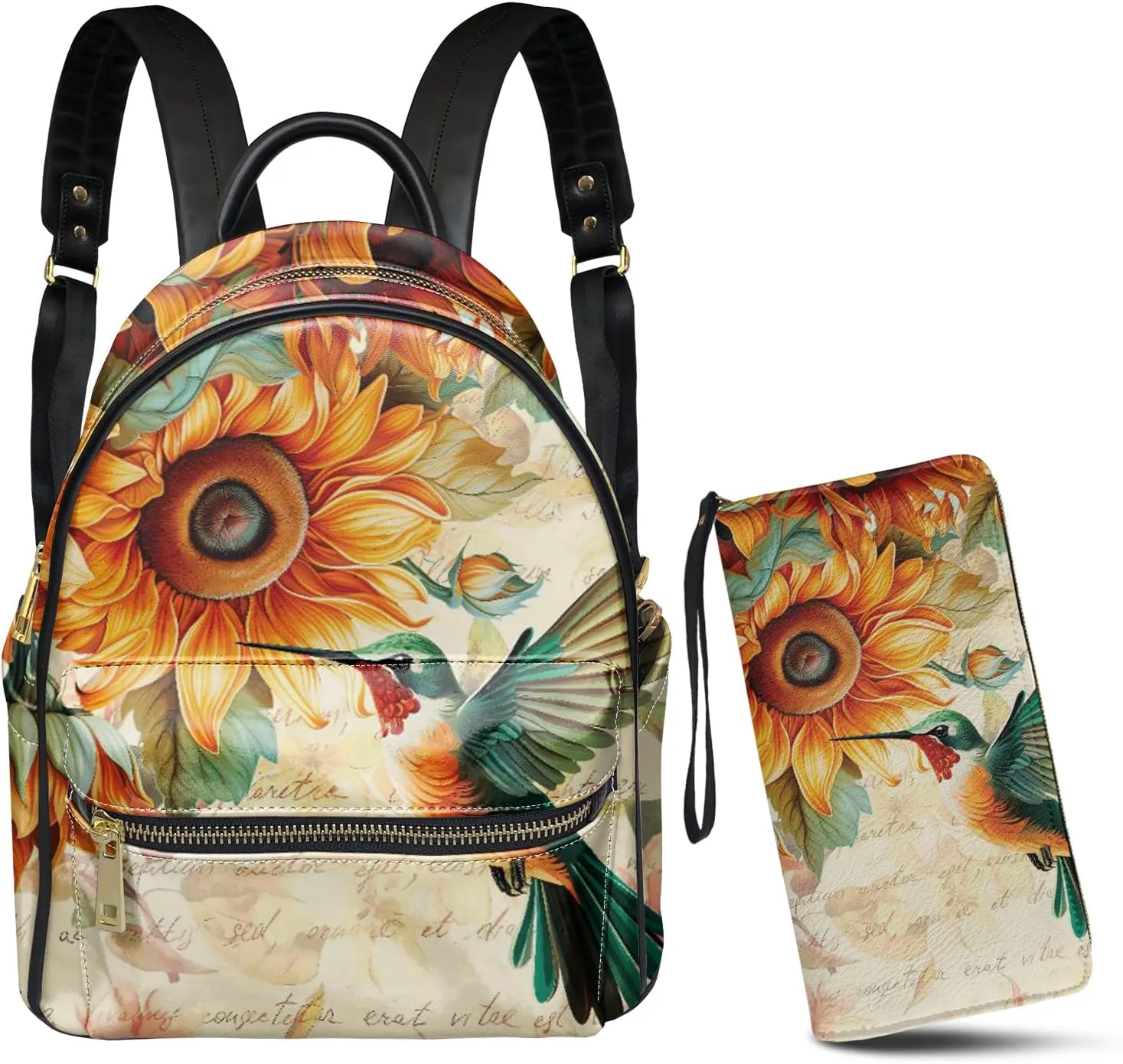 GLENLCWE Hummingbird Sunflower Leather Backpack Purse Women Zipper Wallet Handbag Wasterproof Small Travel Backpack Shoulder Handbag Clutch for Women