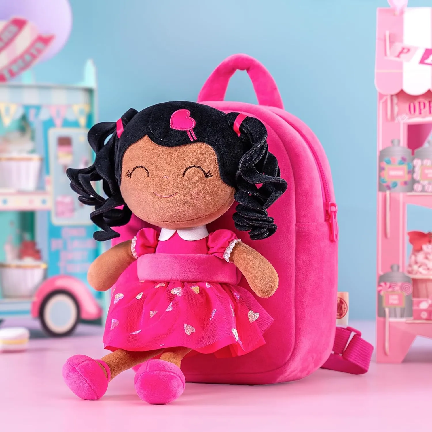 Gloveleya Toddler Backpack Baby Girl Gift Plush Bag Diaper Bag with Spring Girl Doll Curly Hair Girl Toys with Love Rose 9 Inches
