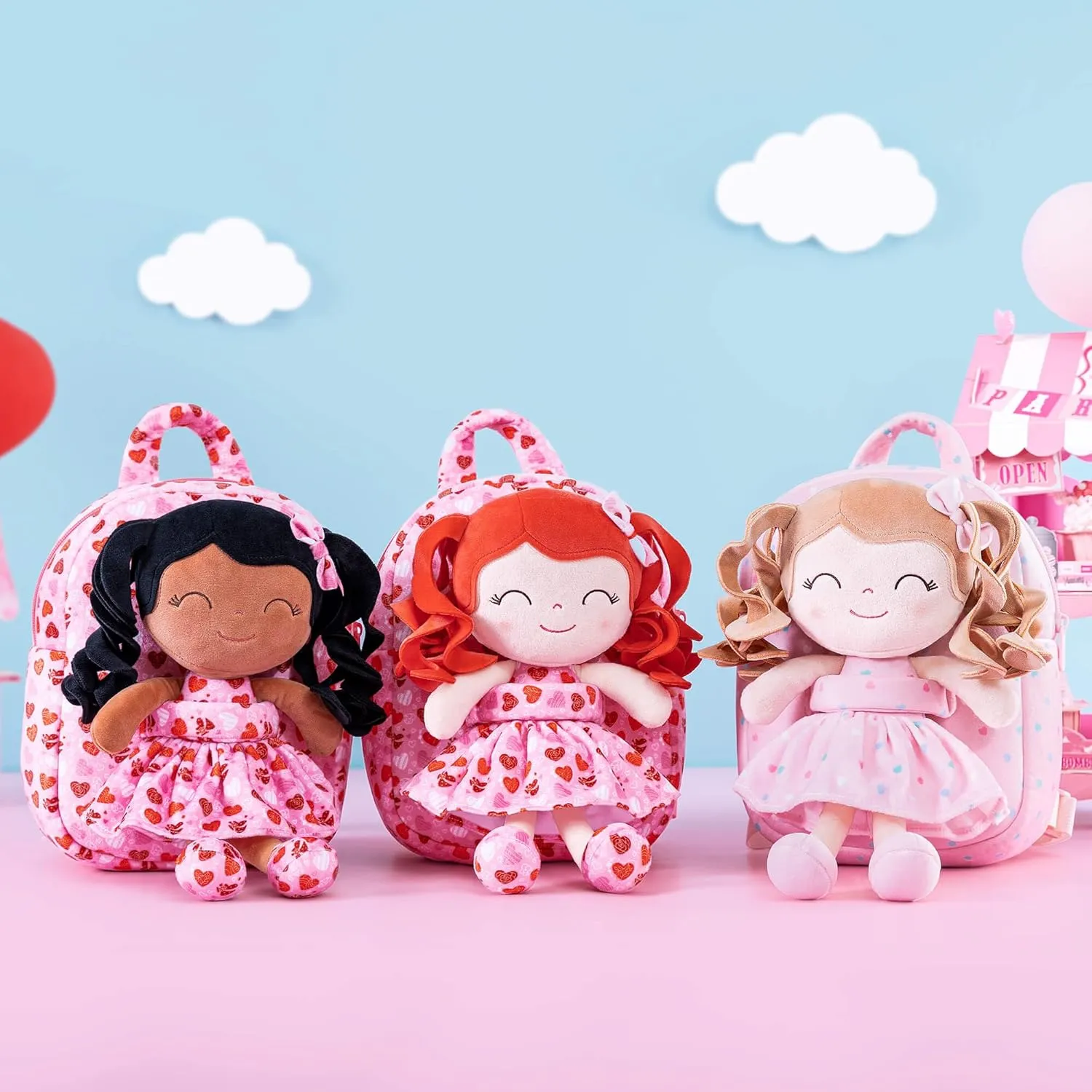 Gloveleya Toddler Backpack Baby Girl Gifts Curly Hair Plush Figures Dress Backpack Kids Backpack Curly Hair Loving Heart Backpack - Redhead Loving Heart 9inches