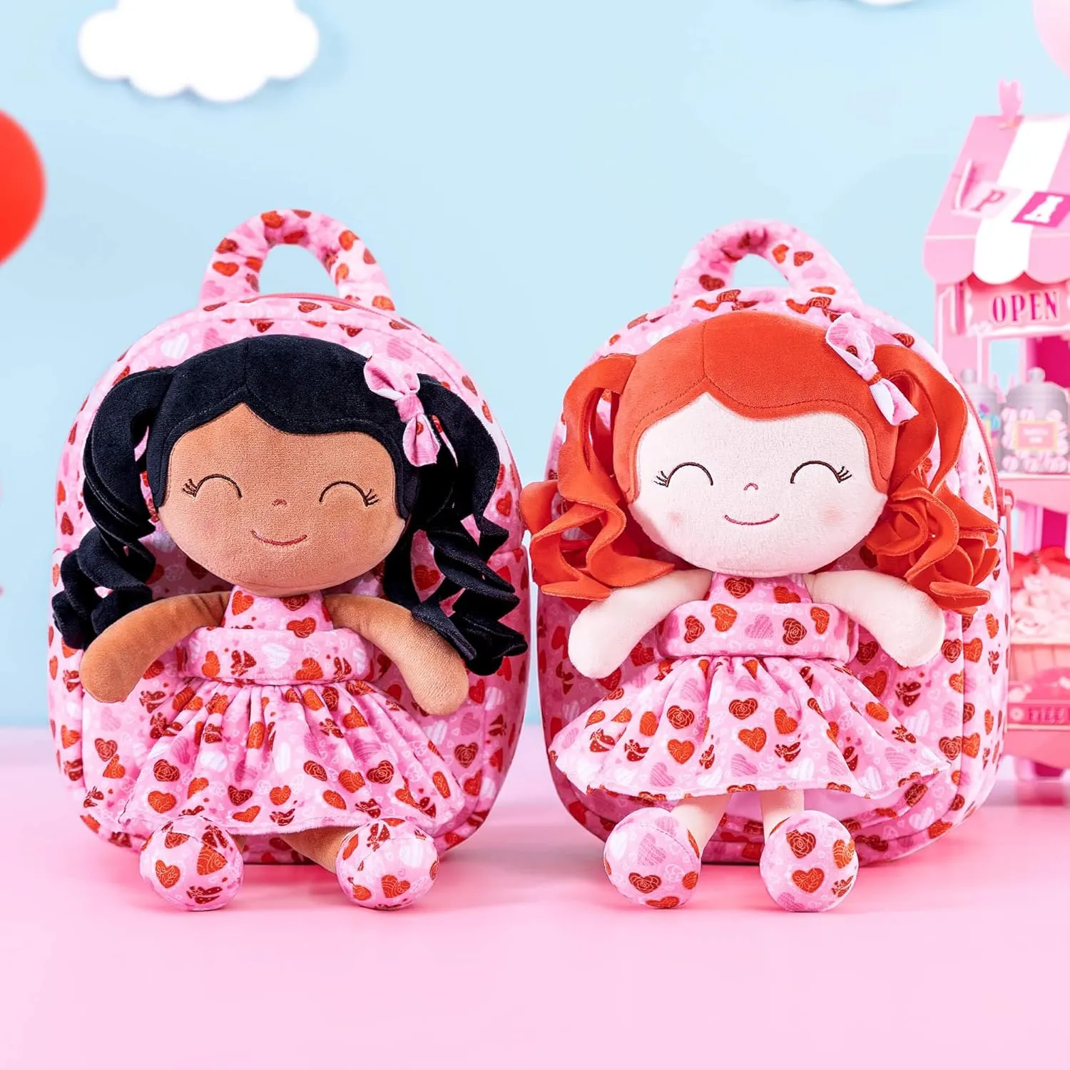Gloveleya Toddler Backpack Baby Girl Gifts Curly Hair Plush Figures Dress Backpack Kids Backpack Curly Hair Loving Heart Backpack - Redhead Loving Heart 9inches