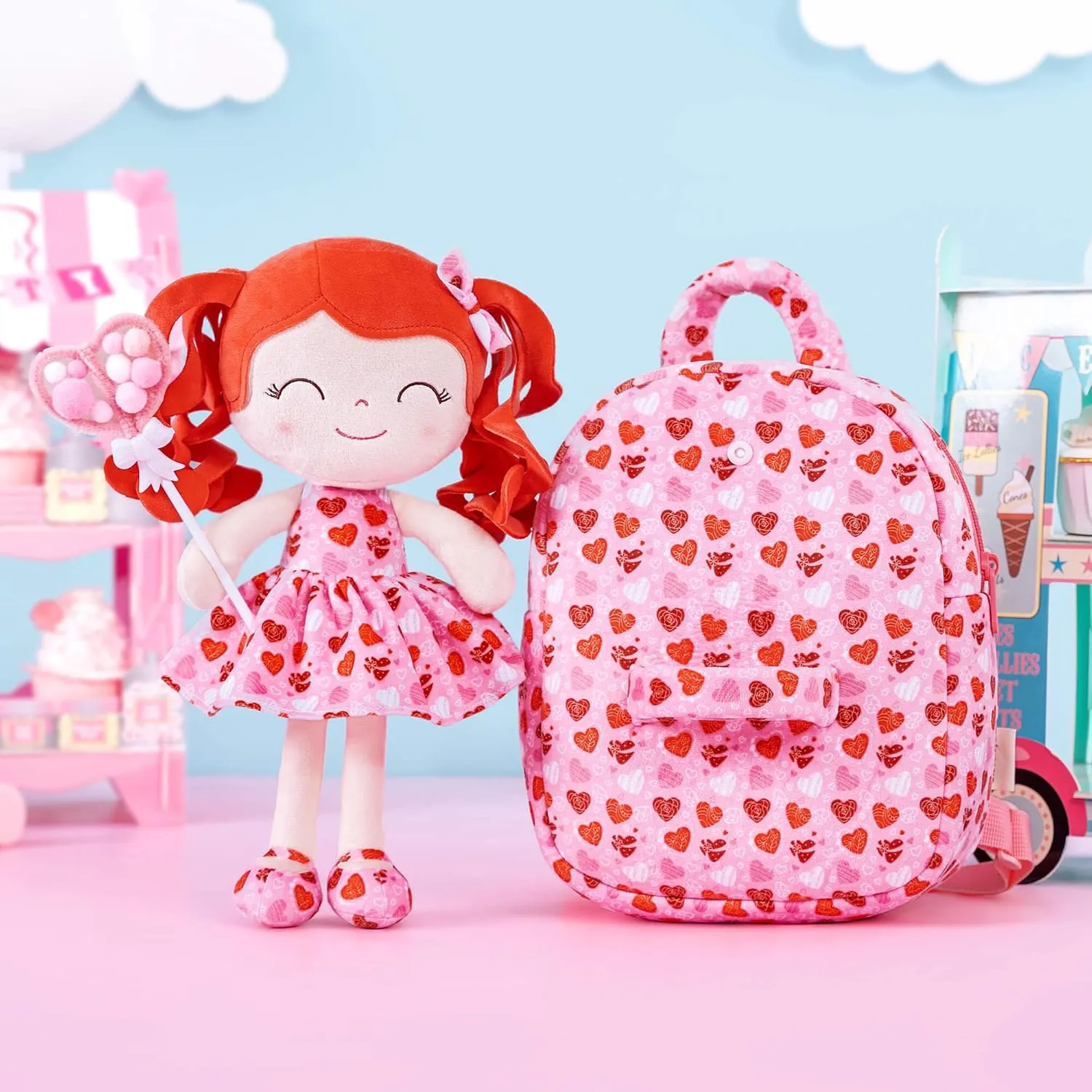 Gloveleya Toddler Backpack Baby Girl Gifts Curly Hair Plush Figures Dress Backpack Kids Backpack Curly Hair Loving Heart Backpack - Redhead Loving Heart 9inches