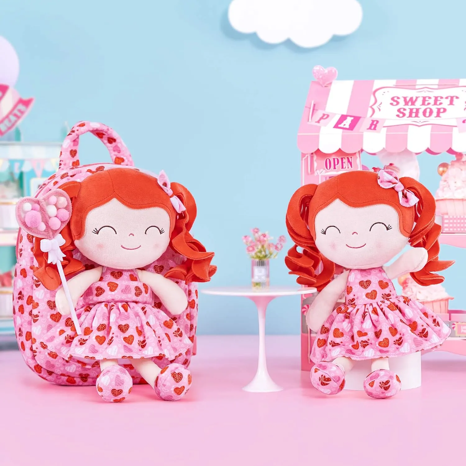 Gloveleya Toddler Backpack Baby Girl Gifts Curly Hair Plush Figures Dress Backpack Kids Backpack Curly Hair Loving Heart Backpack - Redhead Loving Heart 9inches