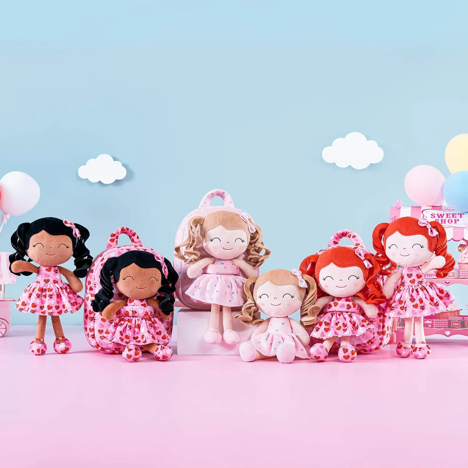 Gloveleya Toddler Backpack Baby Girl Gifts Curly Hair Plush Figures Dress Backpack Kids Backpack Curly Hair Loving Heart Backpack - Redhead Loving Heart 9inches