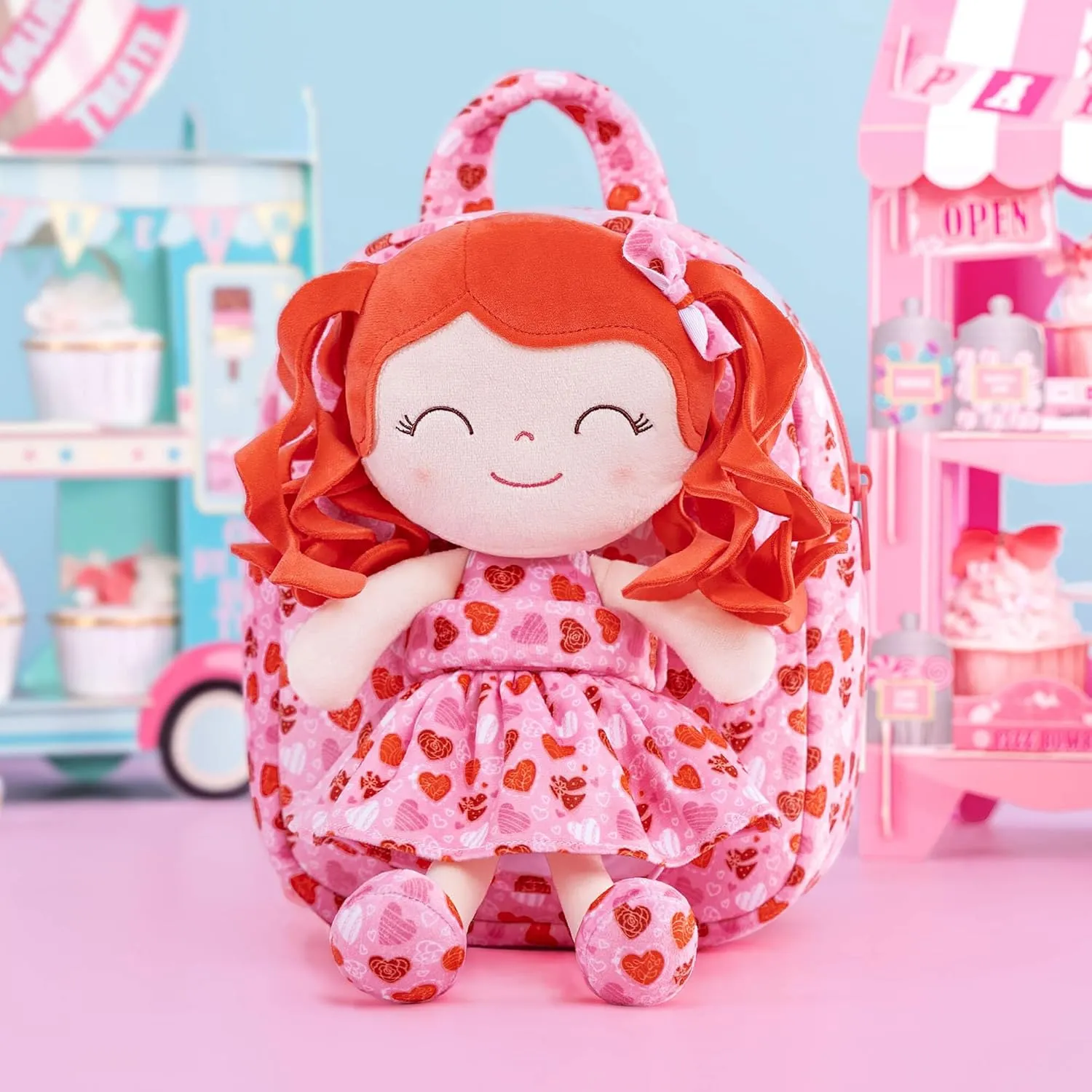 Gloveleya Toddler Backpack Baby Girl Gifts Curly Hair Plush Figures Dress Backpack Kids Backpack Curly Hair Loving Heart Backpack - Redhead Loving Heart 9inches