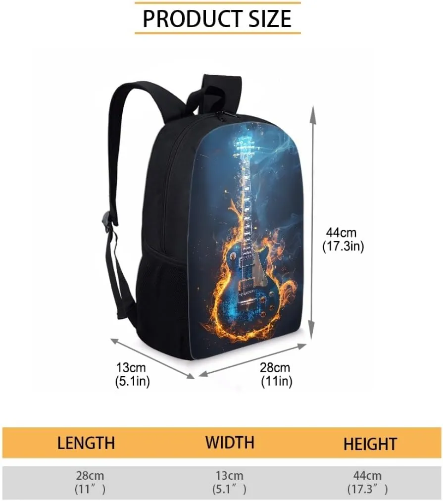 GLUDEAR Cool Fire Guitar Graphics Backpack Boy Girl Daypack Bookbag Backpack Adjustable Shoulder Bag,Glow Flame Guitar
