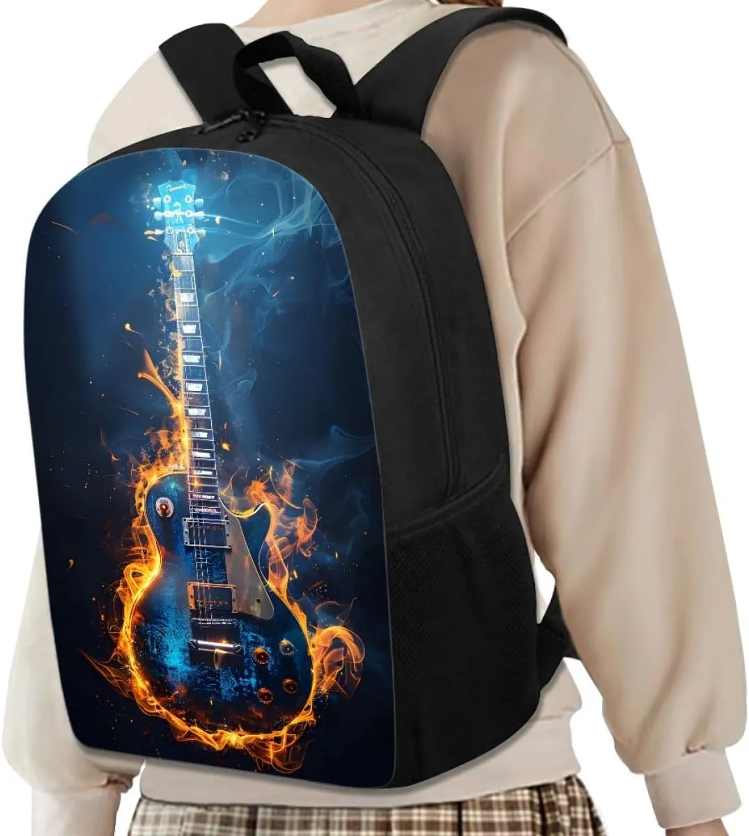 GLUDEAR Cool Fire Guitar Graphics Backpack Boy Girl Daypack Bookbag Backpack Adjustable Shoulder Bag,Glow Flame Guitar
