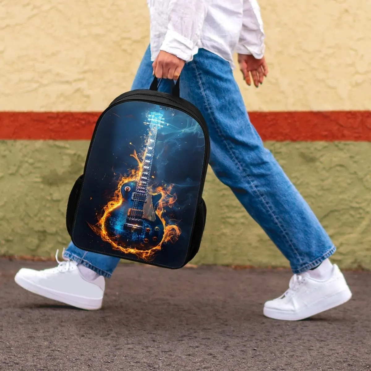 GLUDEAR Cool Fire Guitar Graphics Backpack Boy Girl Daypack Bookbag Backpack Adjustable Shoulder Bag,Glow Flame Guitar
