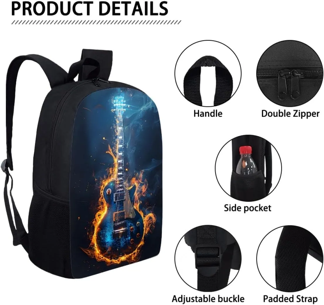 GLUDEAR Cool Fire Guitar Graphics Backpack Boy Girl Daypack Bookbag Backpack Adjustable Shoulder Bag,Glow Flame Guitar