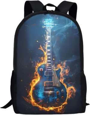 GLUDEAR Cool Fire Guitar Graphics Backpack Boy Girl Daypack Bookbag Backpack Adjustable Shoulder Bag,Glow Flame Guitar