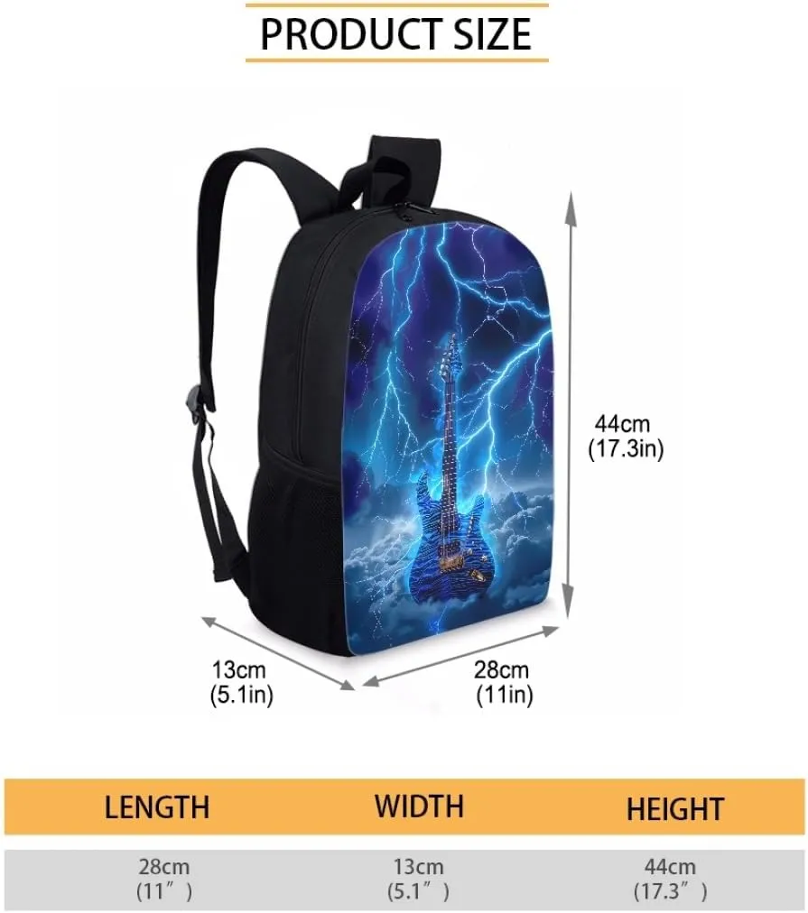 GLUDEAR Cool Fire Guitar Graphics Backpack Boy Girl Daypack Bookbag Backpack Adjustable Shoulder Bag,Lightning Storm Blue Guitar