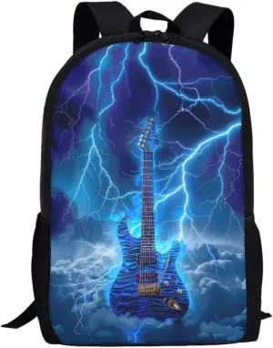 GLUDEAR Cool Fire Guitar Graphics Backpack Boy Girl Daypack Bookbag Backpack Adjustable Shoulder Bag,Lightning Storm Blue Guitar