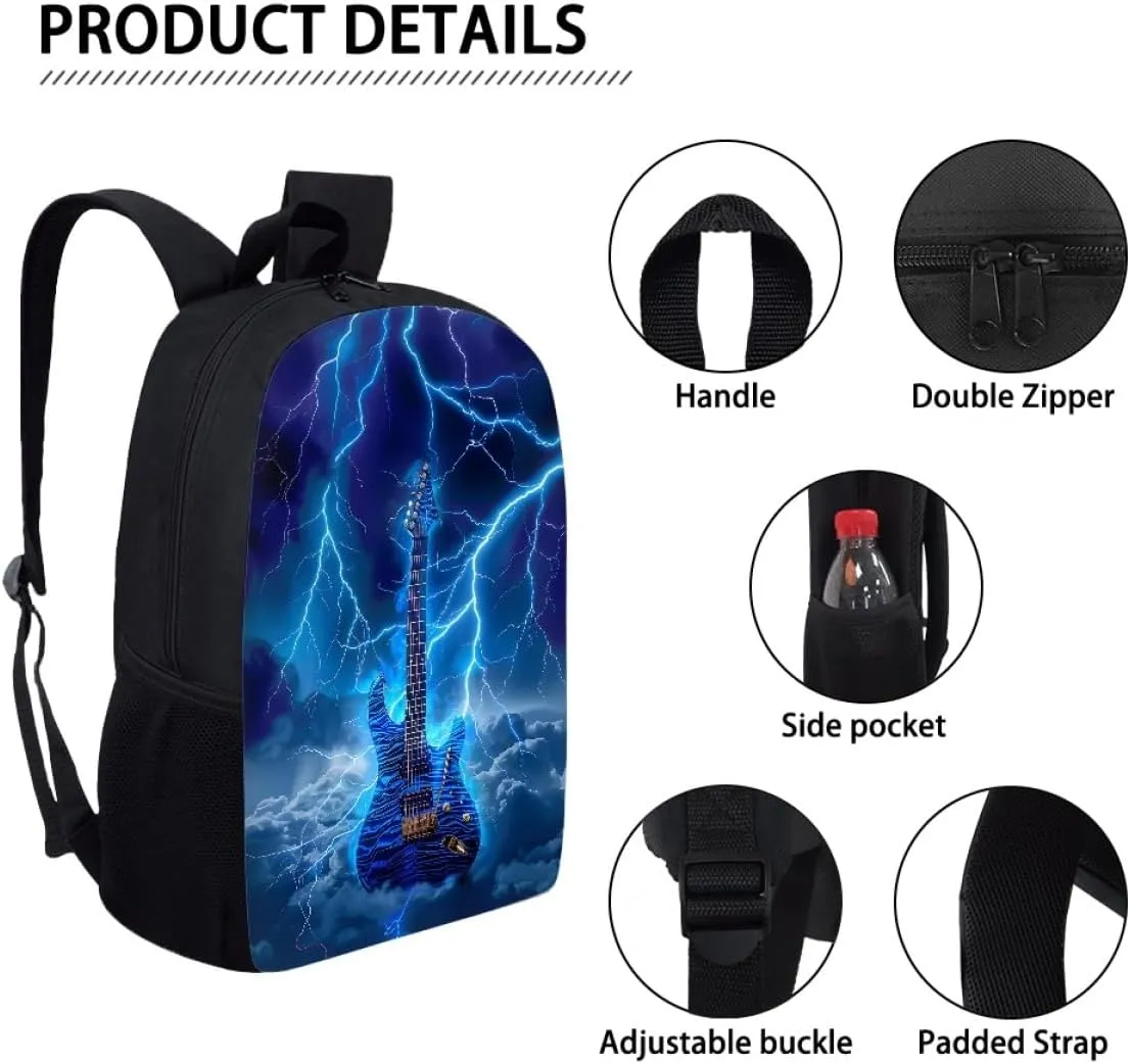 GLUDEAR Cool Fire Guitar Graphics Backpack Boy Girl Daypack Bookbag Backpack Adjustable Shoulder Bag,Lightning Storm Blue Guitar