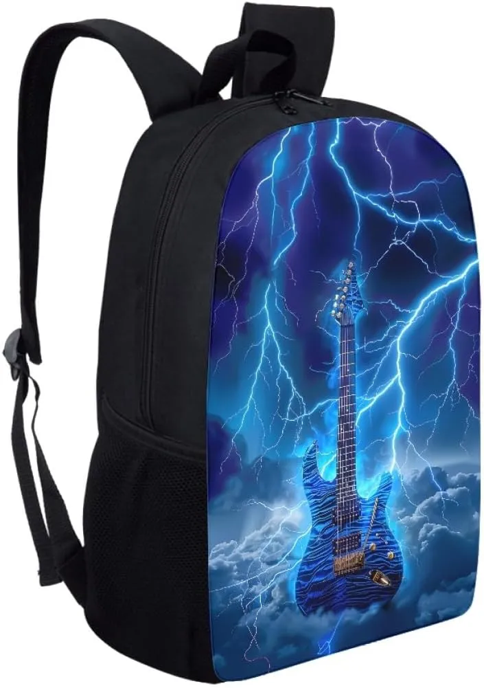 GLUDEAR Cool Fire Guitar Graphics Backpack Boy Girl Daypack Bookbag Backpack Adjustable Shoulder Bag,Lightning Storm Blue Guitar
